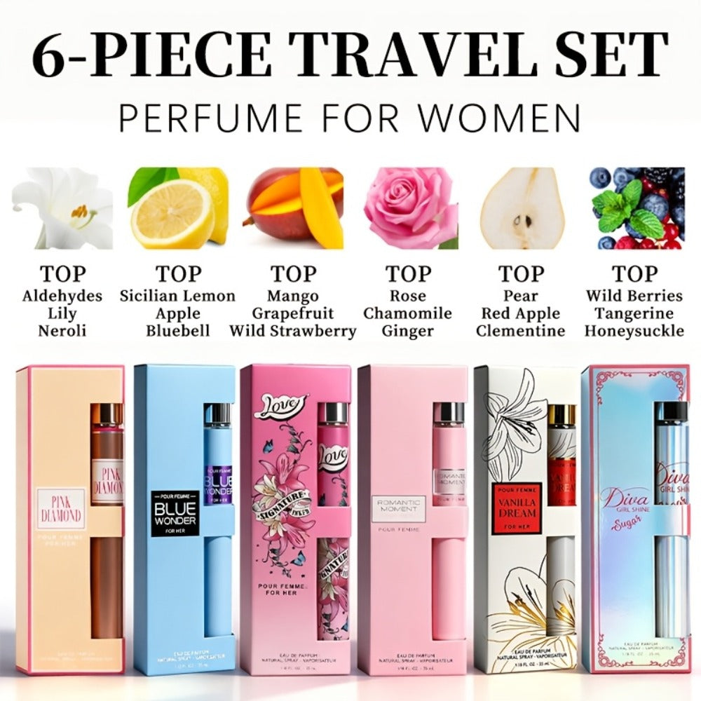 Women's Perfume Gift Set with Six Eau de Parfum Travel Sprays, 1.18 oz Each in Two Assortments