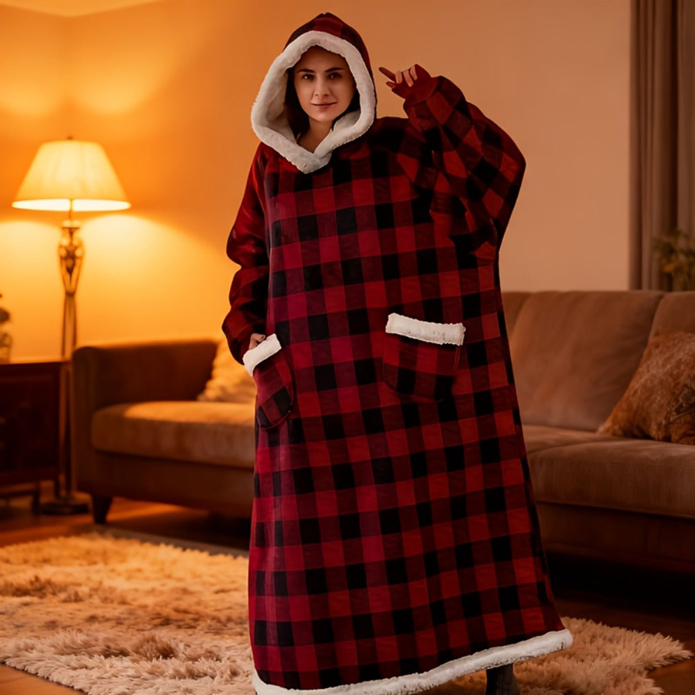 Plaid Fleece Wearable Hooded Blanket – 400gsm Warm Cozy Oversized Hoodie Bedspread, Machine Washable, 4 Colors, 70" Length