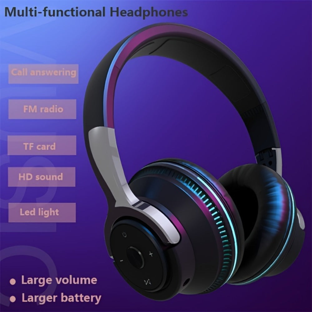 FM Radio TF Card Over-Ear Wireless Headphones Bluetooth, 24H Playtime, Built-in Mic, LED Light, AUX 3.5mm Wired Mode, Soft Earpads, Foldable Headset for Travel Home Office iOS Android