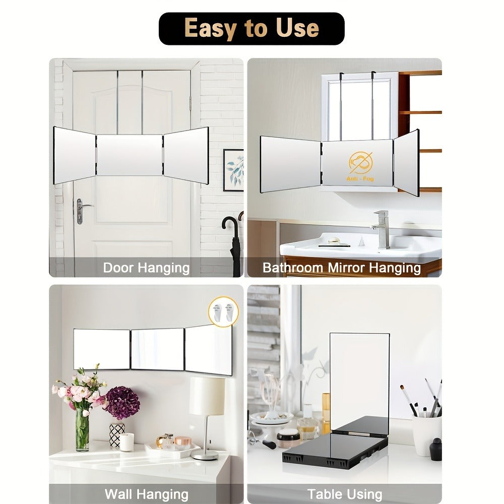3 Way Mirror for Self Hair Cutting with LED Lights, 360° View Anti-Fog HD Glass USB Rechargeable Folding Barber Mirror for Home Salon