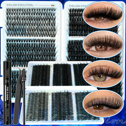 C-Curl Lash Extension Kit with 720 Clusters in 30D-100D Mixed Densities, Bond Product, Tweezers and Brush