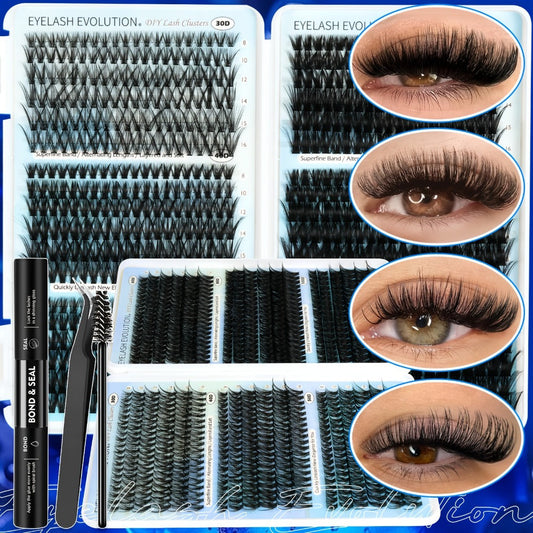 Lash Clusters Kit 720Pcs Individual Eyelash Extensions 30D 50D 80D 100D C Curl Wispy Cluster Lashes with Bond Glue & Tweezers – Complete DIY Lash Extension Kit for Beginners, Natural to Dramatic Eye Look
