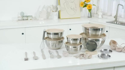 Twenty-Six-Piece Mixing Bowl and Kitchen Tool Set with Six Bowls in Khaki, Black or Color Options