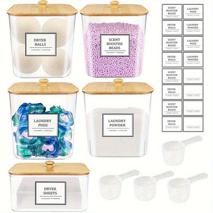 Laundry Pods Container & Dryer Sheet Holder Set with Bamboo Lids, Clear Laundry Room Organization Containers for Scent Booster, Powder, Pods – 3+1 Pack