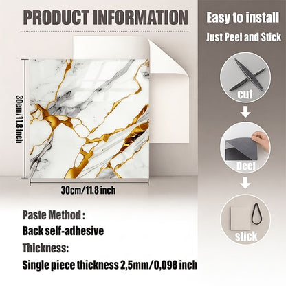 Marble Gold-Vein Wall Tile Sticker Set with 30 cm Panels, Four Colors and 50- or 100-Piece Packs