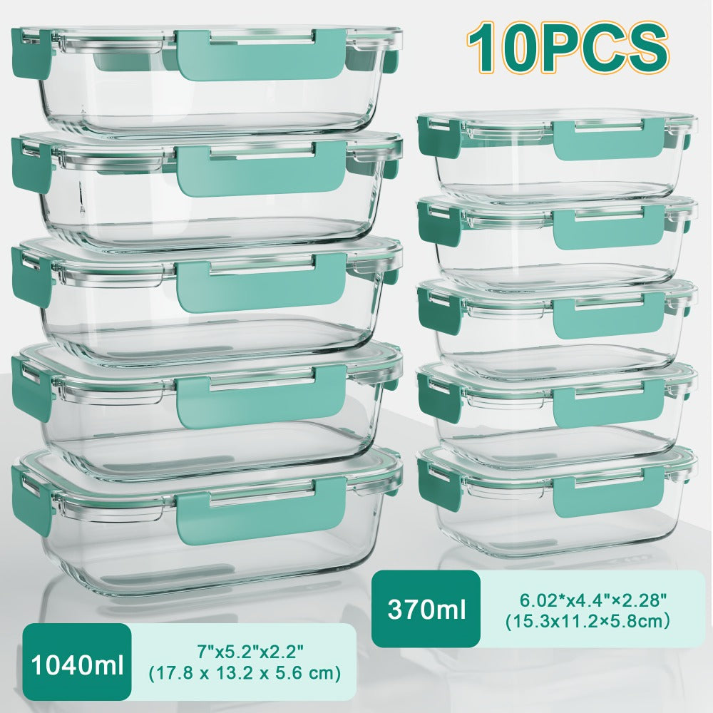 Food Storage Containers Borosilicate Glass Set with Locking Lids in 10-, 12- or 17-Piece Color Options