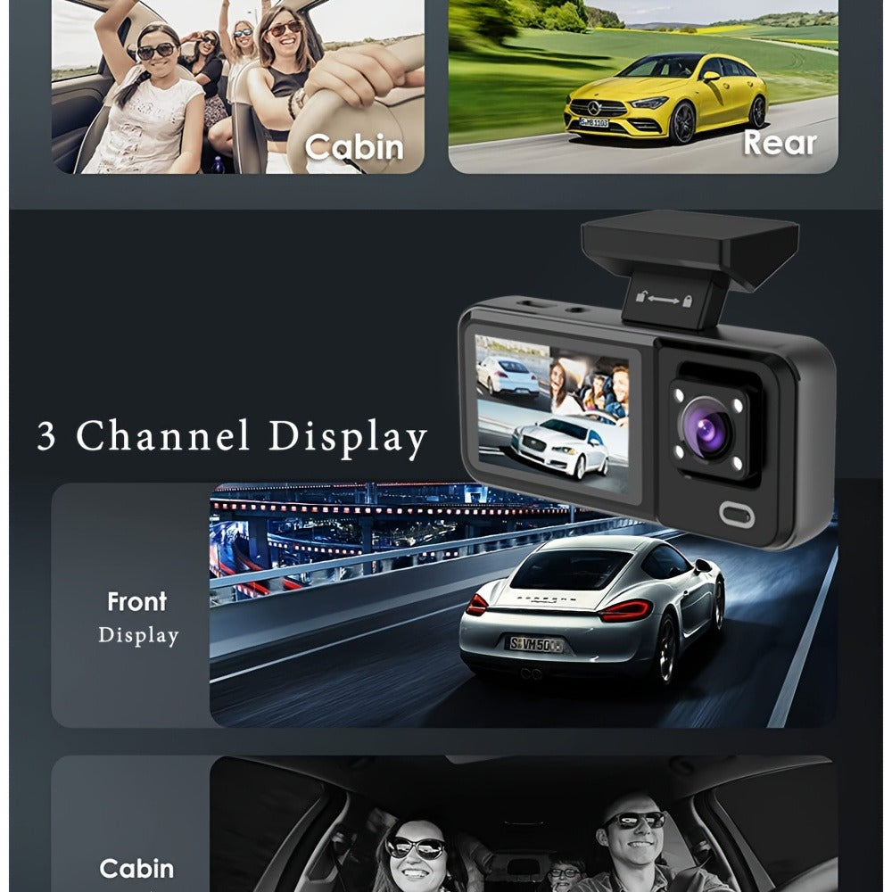 3 Channel Dash Cam Front Rear Inside 1440P+1080P+1080P with 64GB SD Card, Super Night Vision, Loop Recording, G-Sensor, Motion Detection, 24-Hour Parking Mode