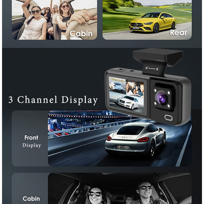 3 Channel Dash Cam Front Rear Inside 1440P+1080P+1080P with 64GB SD Card, Super Night Vision, Loop Recording, G-Sensor, Motion Detection, 24-Hour Parking Mode