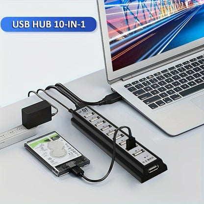Black 10-Port USB 2.0 Hub with USB-A Host Cable, Numbered Ports and DC Power Input for Desktop Expansion