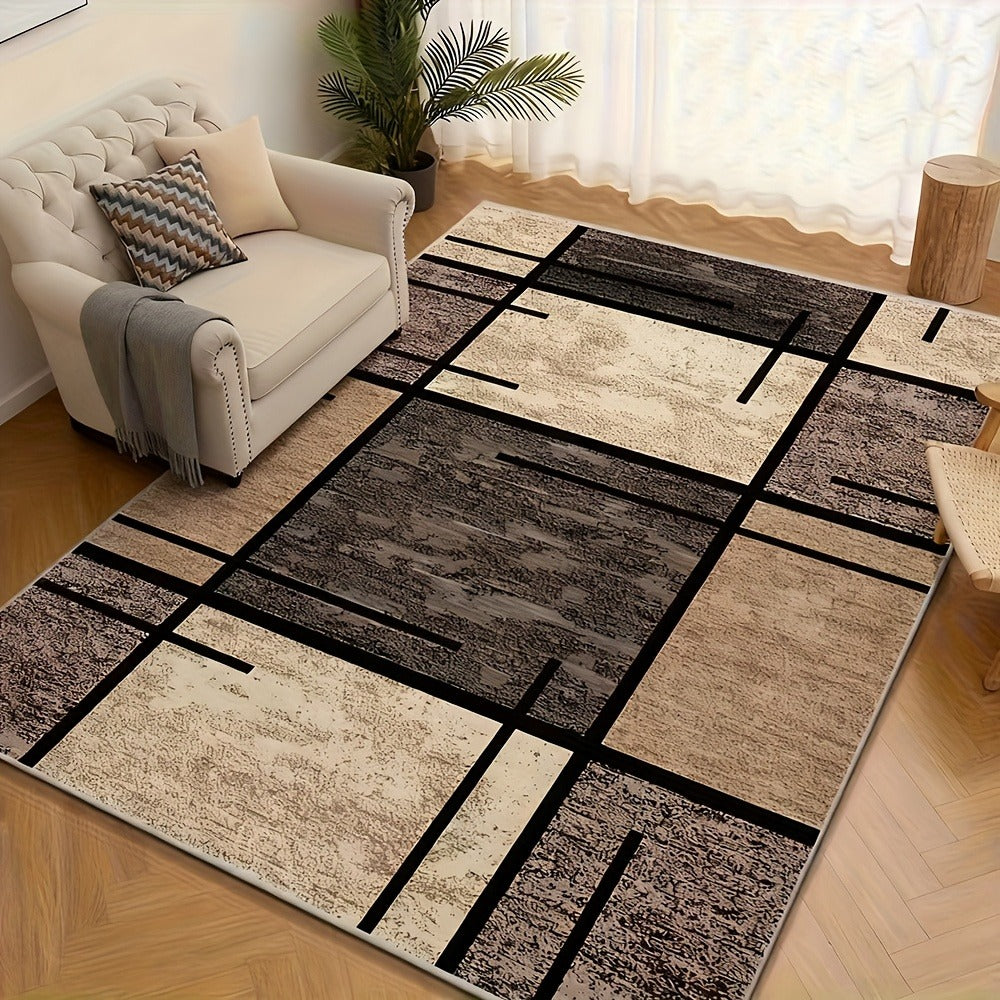 Area Rug Geometric Beige Brown 850 GSM Polyester Velvet in Four Machine-Washable Room Sizes