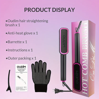 Ionic Hair Straightener Brush Anti-Scald – Precise Temperature Control Auto Shut-Off Straightening Comb Flat Iron for Women All Hair Types – Rose Gold, Black, Gift for Her