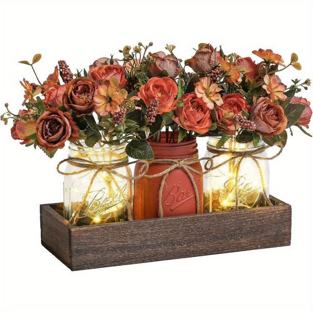 Mason Jar Centerpiece Table Decorations with Wood Tray & LED Lights – 3-Piece Farmhouse Decor Set for Dining Room, Kitchen, Living Room & Bathroom | Holiday Home Decor Gift
