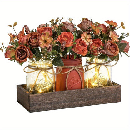 Mason Jar Centerpiece Table Decorations with Wood Tray & LED Lights – 3-Piece Farmhouse Decor Set for Dining Room, Kitchen, Living Room & Bathroom | Holiday Home Decor Gift