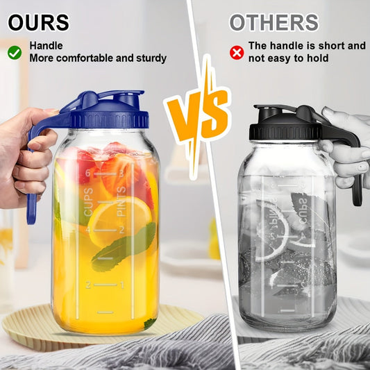 64oz Mason Jar with Handle and Lid 2/3 Pack – BPA-Free Borosilicate Glass Beverage Carafe, Leak-Proof Drinking Jar for Juice, Water, Iced Tea