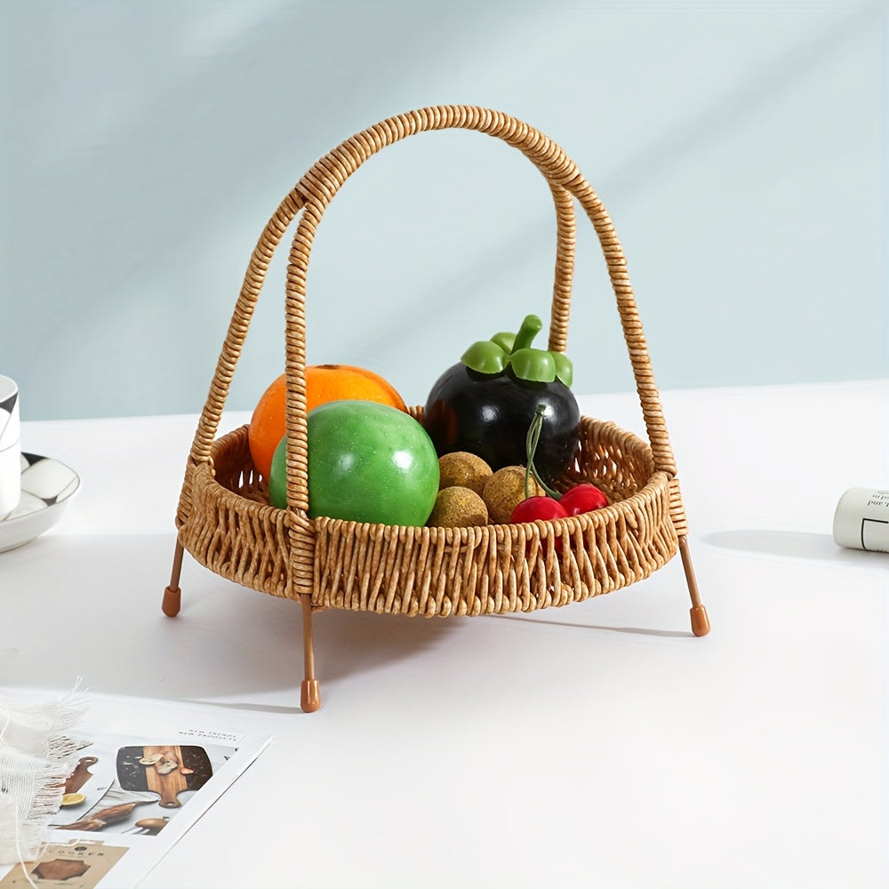 Wire Frame Storage Basket - Hand-Woven Imitation Rattan with Solid Iron Structure, Open-Top Organizer Bin for Fruits Shelf Kitchen Gifts, Rustic Farmhouse Style
