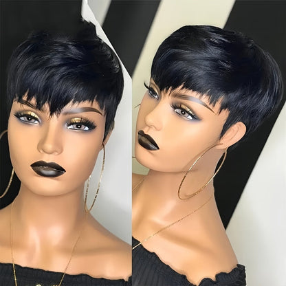 Brazilian Human Hair Pixie Cut Wig 150% Density Short Straight Machine Made Rose Net Cap Glueless Natural Black 4 Inch | Beginner Friendly Easy Wear Women