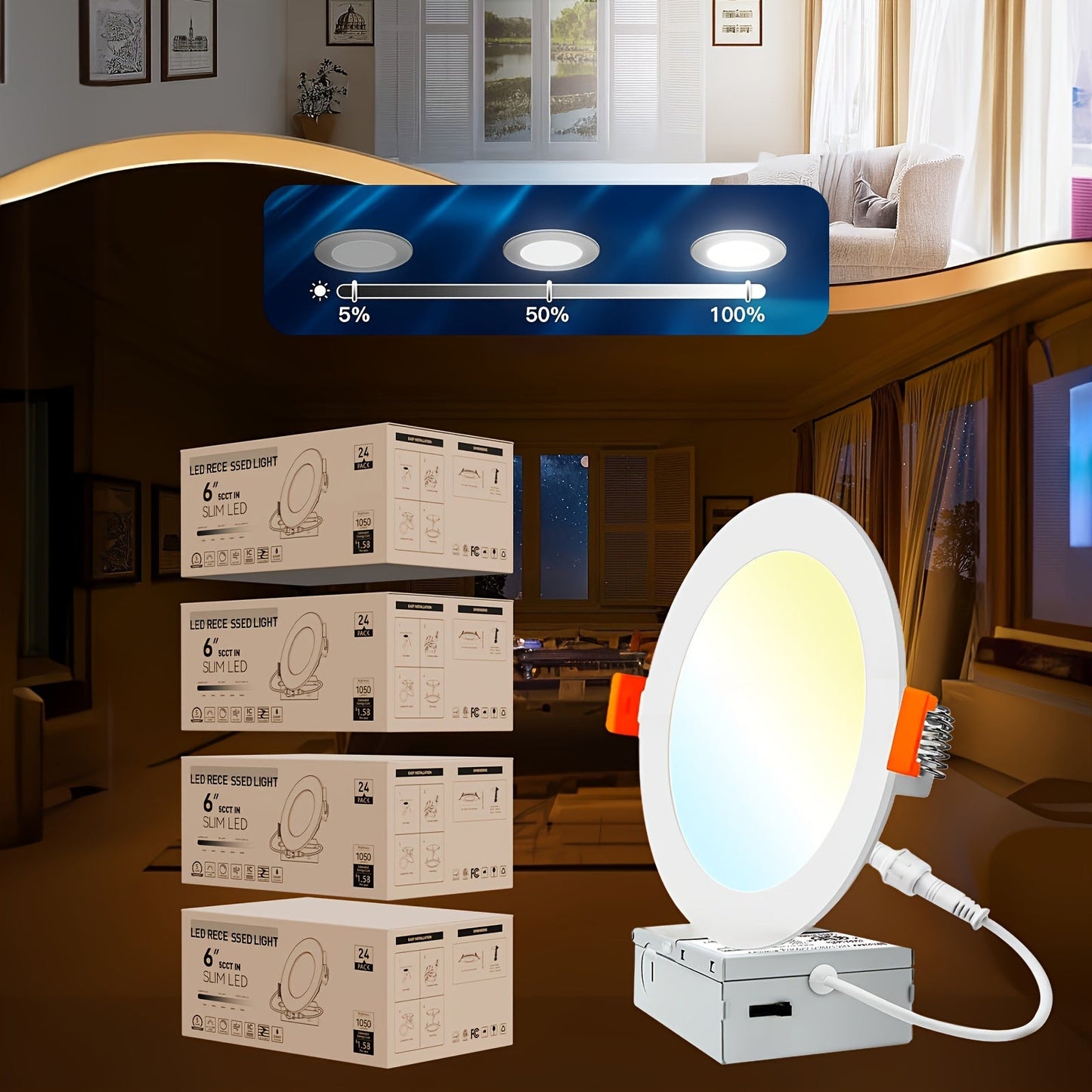 6 Inch LED Recessed Light 5CCT Selectable Dimmable - 12W 1050LM, 2700K-5000K, ETL Listed Slim Canless Downlight for Kitchen, Bedroom, Living Room & Office (6 / 24 / 48 / 72 / 96 Pack)