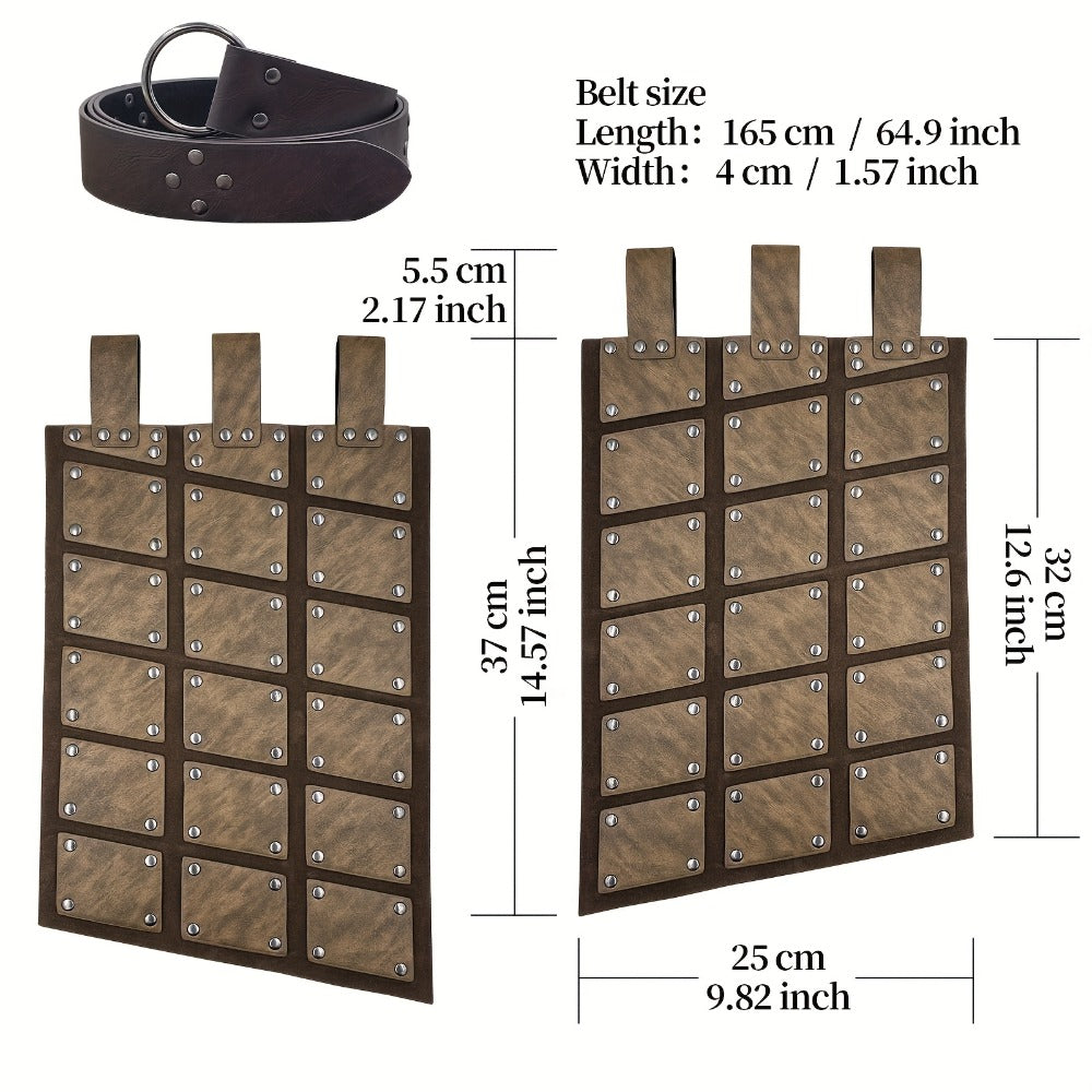Medieval Costume Waist Armor Panel with Riveted Square Sections, Belt and Dark Brown or Black Checkout Colors