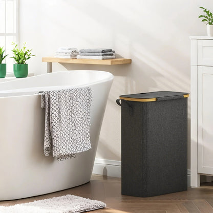 Slim Laundry Hamper with Lid & Removable Bag – Foldable Narrow Clothes Basket with Bamboo Handles for Bathroom, Bedroom & Dorm – 50L / 65L / 75L Space-Saving Collapsible Laundry Bin