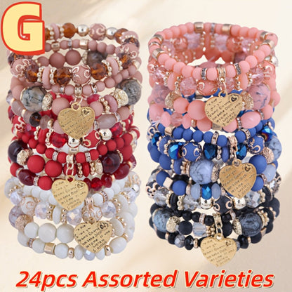 Bracelet Set, 24-Piece Assorted Wood-Bead Elastic Stack with Tassels and Pendant-Style Accents
