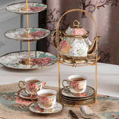 Twenty-Piece Floral Ceramic Tea Set with 15-Ounce Teapot, Six Cups, Saucers, Spoons and Metal Rack