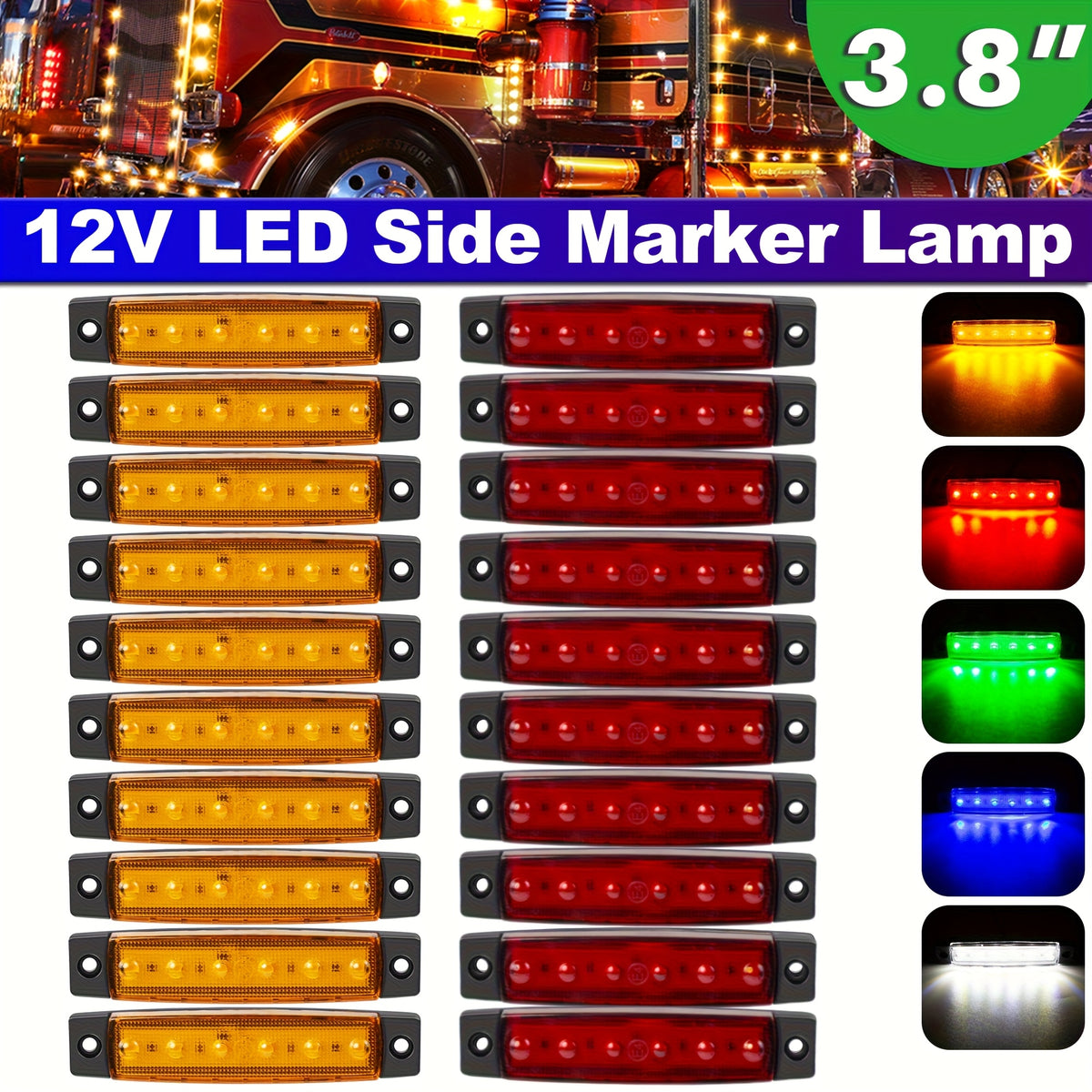 LED Side Marker Lights 20pcs 12V – 3.8" 6-LED Front Rear Indicator Lamps for Truck Trailer Lorry Bus Car | 10 Red & 10 Amber | High Brightness Durable Casing