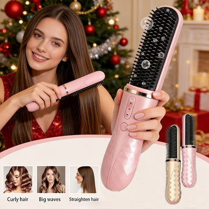 Cordless Hair Straightener Brush with USB-C Charging, Three Temperature Settings and Pink or Beige Finish