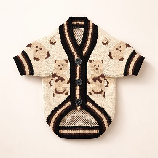 Dog Cardigan Sweater with Button Closure - Allover Bear Print Knitted Pet Clothes for Small Dogs, Soft Fleece-Lined Puppy Shirt with Adjustable Collar for Bichon Teddy Schnauzer, Spring Summer XS to XL