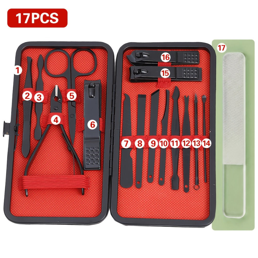 Nail Grooming Tool Case with 10-, 17- or 24-Piece Set Options and Black-and-Red Interior for Home and Travel