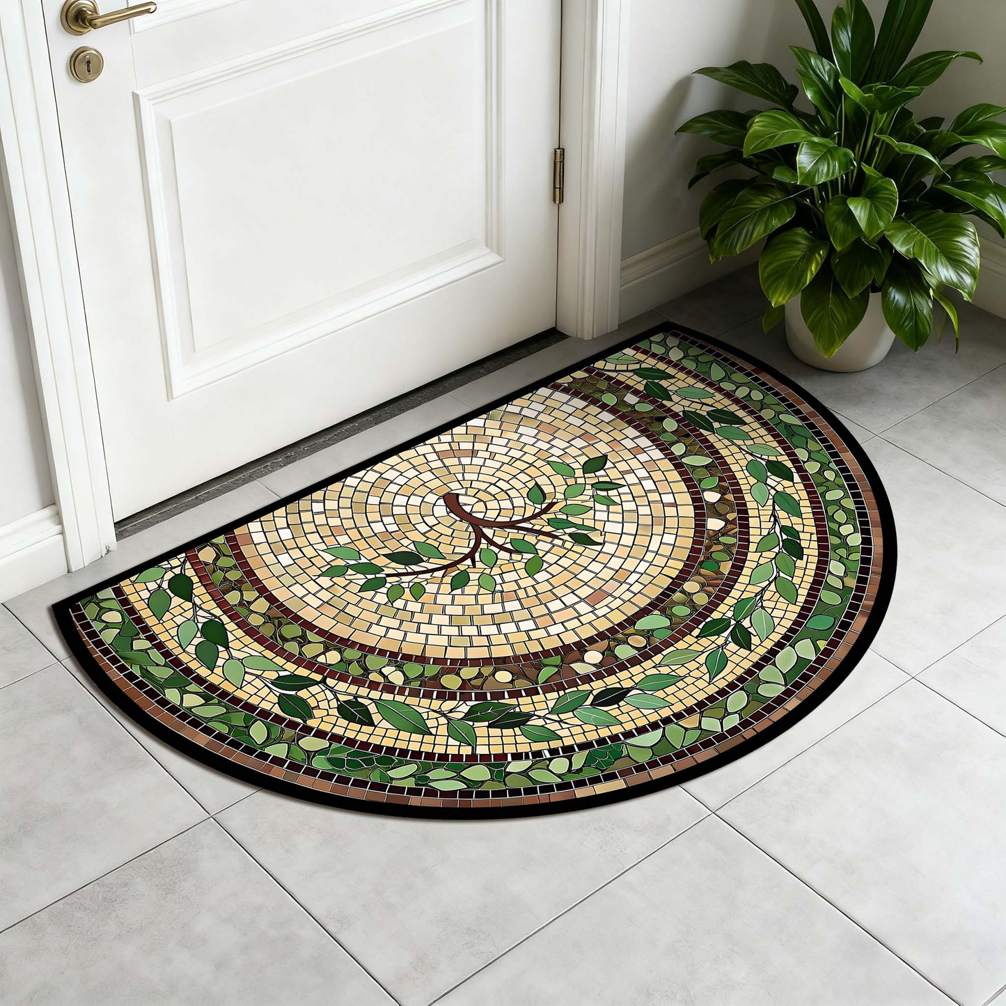 Semicircle Mosaic-Vine Floor Rug with Pictured Green and Cream Pattern in 23.62-by-35.4-Inch Size