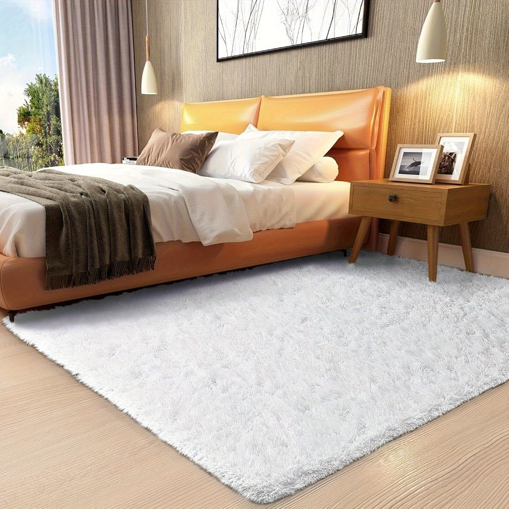 Area Rug White Fluffy High-Pile Shag in Three Washable Sizes for Living Room, Bedroom or Dorm