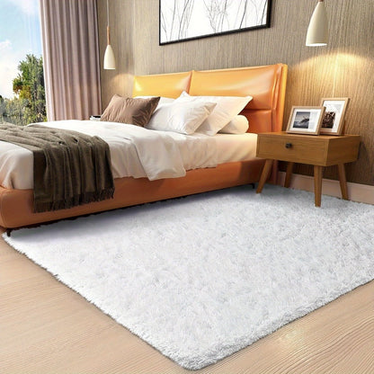 Area Rug White Fluffy High-Pile Shag in Three Washable Sizes for Living Room, Bedroom or Dorm