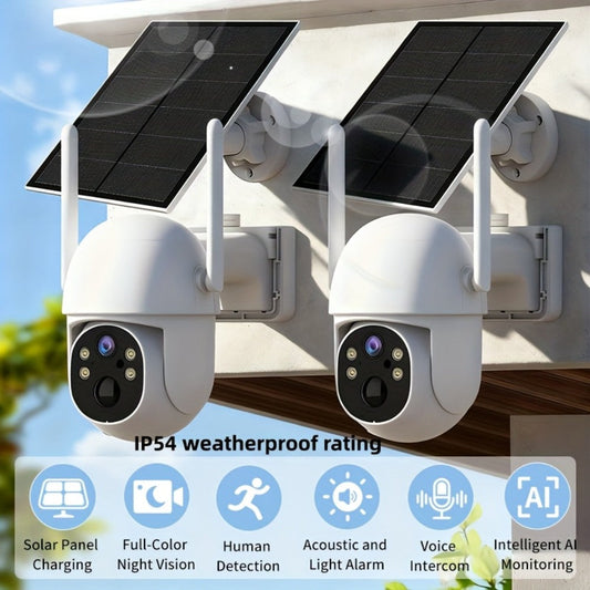 Solar Outdoor Security Camera 2 Pack with AI Human Detection – IP54 Waterproof, HD Color Night Vision, Two-Way Audio, Wireless WiFi, Wire-Free Home Surveillance System
