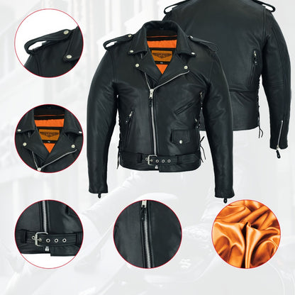 Motorcycle Leather Jacket Men – Heavy Duty Cowhide, Classic Black, Multiple Pockets, Adjustable Laces, Sizes S–XXXXL
