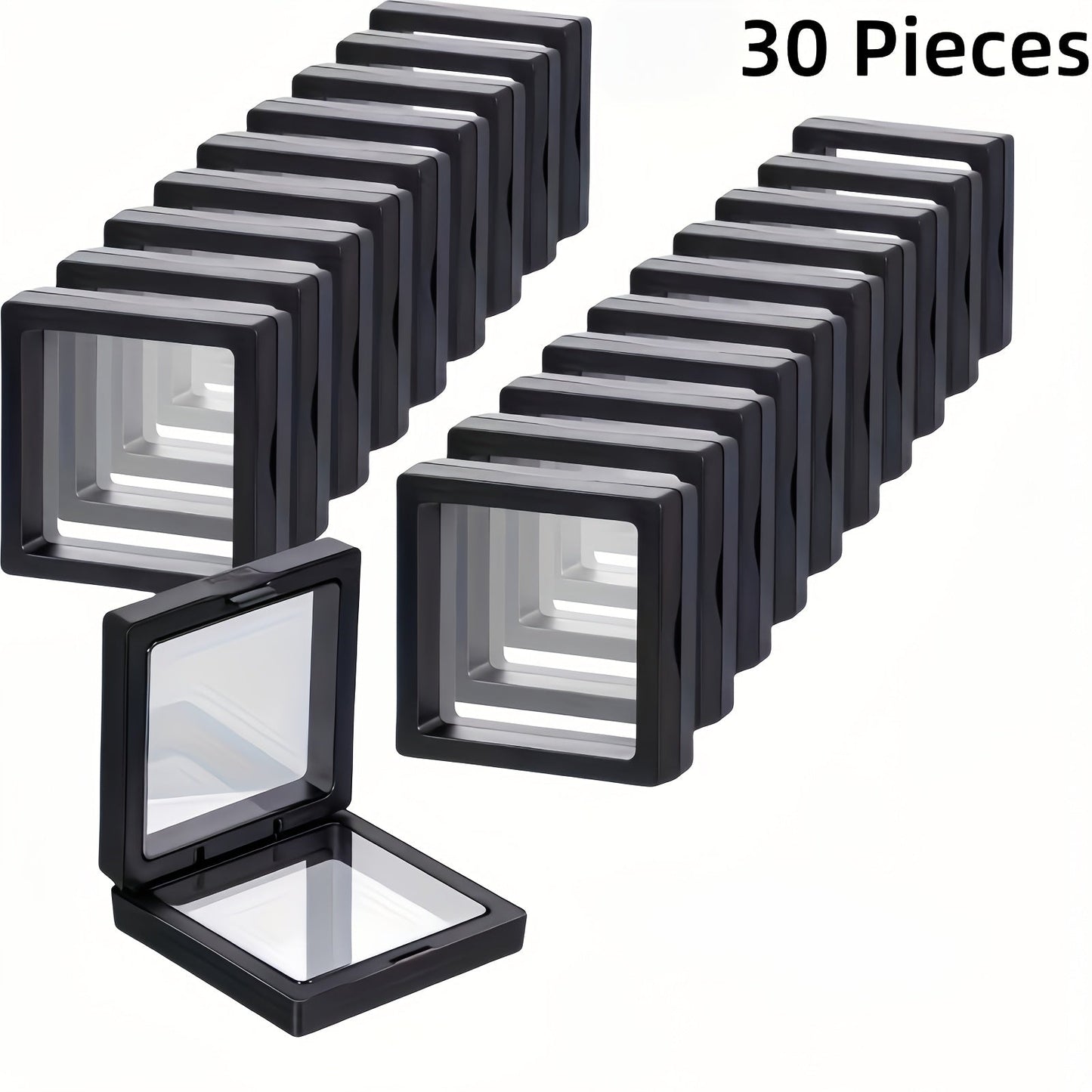 3D Floating Jewelry Display Box Bulk Set | Black Plastic Frame Clear Acrylic Panel Fabric-Lined Organizer for Jewelry Coins Collectibles – Secure Clasp Closure – 30 or 60 Pieces