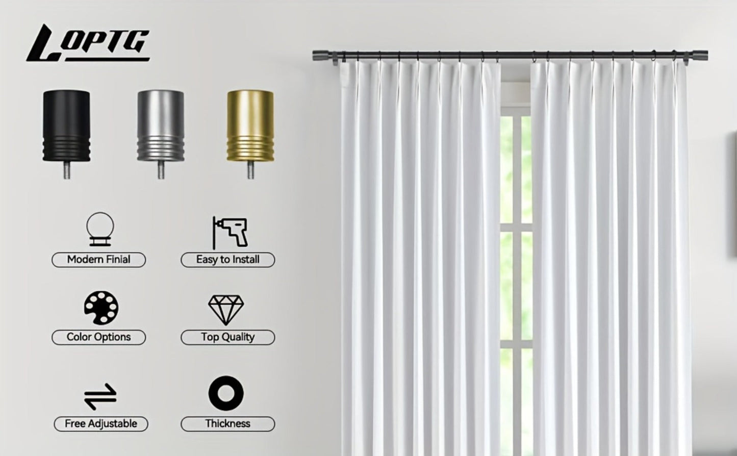 One-Inch Adjustable Curtain Rod with Rounded Cup Finials in Black, Brushed Nickel or Gold Finish