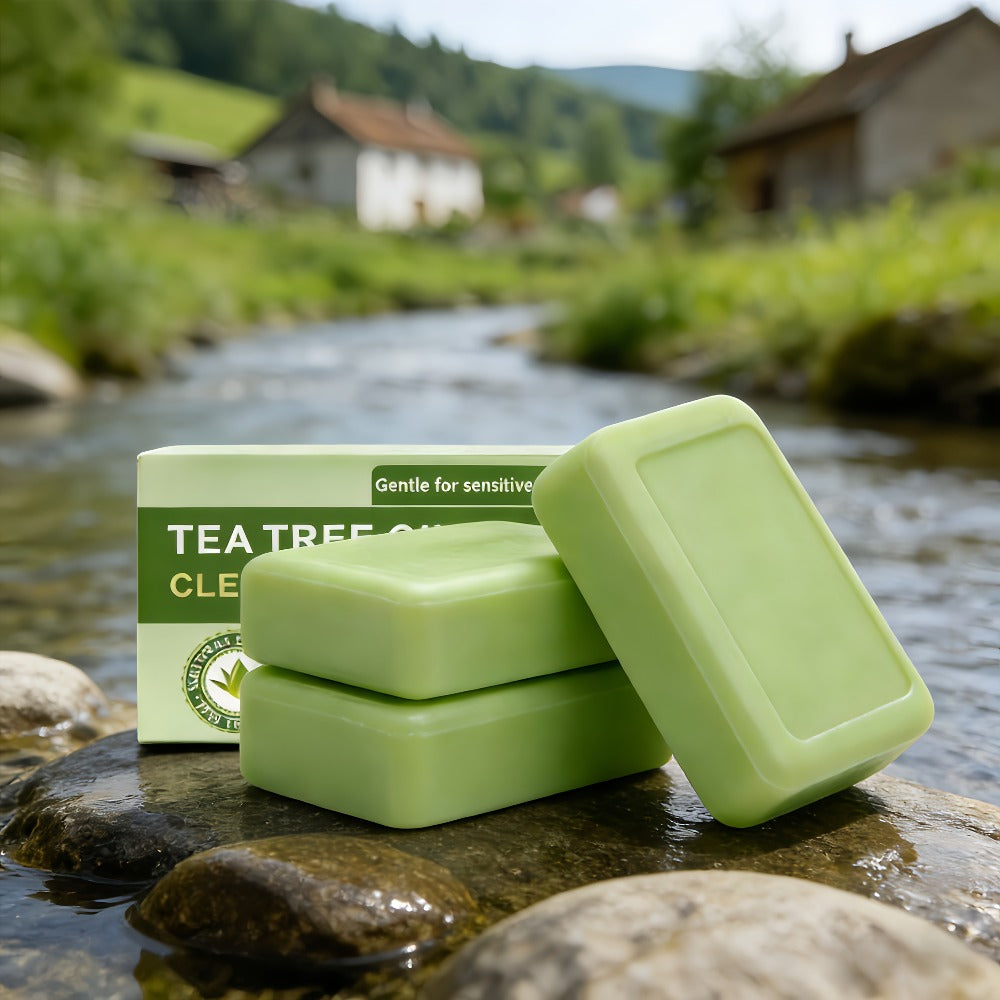 Tea Tree Bar Soap, Three-Pack of Green Plant-Essence-Labeled Bars for Face and Body Washing