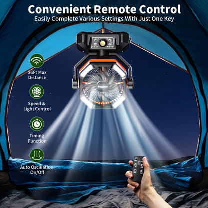 Camping Fan Battery Powered 20000mAh, Dual Motor 8-Speed Portable Tent Fan with Remote Control, 4 LED Lanterns and Hanging Hook, Rechargeable Outdoor Fan for Camping, Power Outage, Construction Site