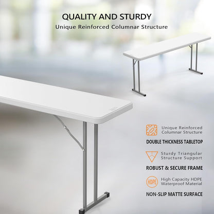 Narrow White 6-Foot Portable Folding Table with Rectangular Top and Folding Gray Leg Frame