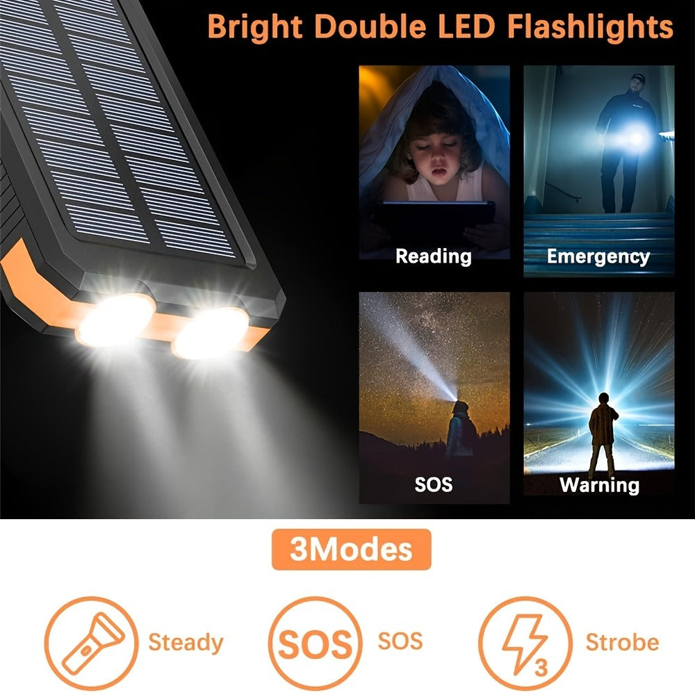 Solar Power Bank, 29800mAh Dual-USB 5V Charger with Solar Panel, Dual LED Flashlight, Compass and Eight Color Options