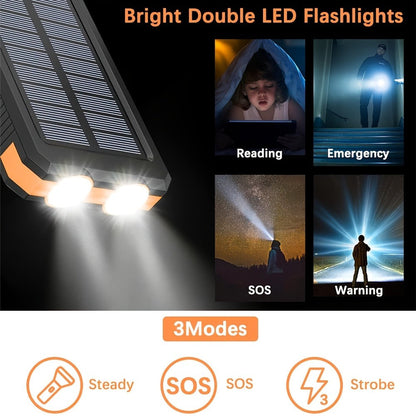 Solar Power Bank, 29800mAh Dual-USB 5V Charger with Solar Panel, Dual LED Flashlight, Compass and Eight Color Options