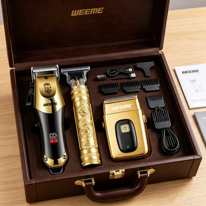 Professional Hair Clipper Set for Men – 3pcs Golden Cordless Kit with Beard Trimmer & T-Blade Trimmer, Hair Cutting & Styling Tools, Ideal Birthday & Father’s Day Gift for Men