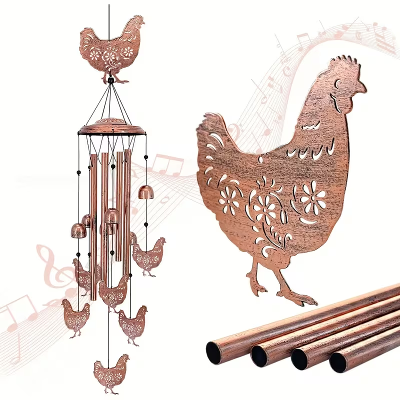 Chicken Wind Chime with Seven Pictured Chicken Shapes, Six Bells and Four Hanging Tubes for Porch or Garden Decor