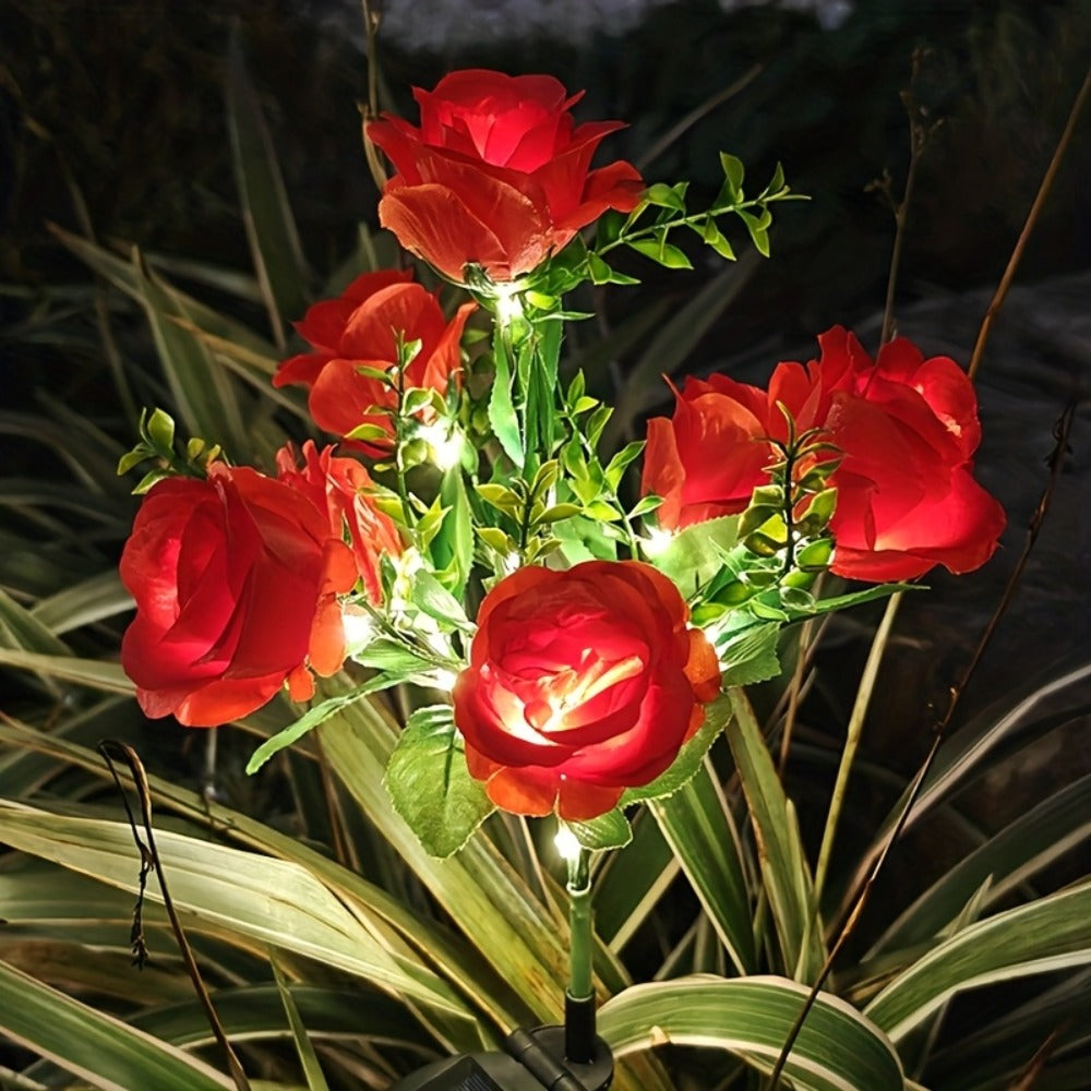 Solar Rose Garden Stake Lights with Separate Panels, Two Stakes and 14 Flowers in Red or Pink