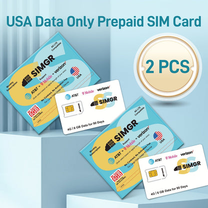 Triple Network SIM Card USA 4G LTE SIMGR AT&T T-Mobile & Verizon Auto-Select – 6GB 90 Days No Contract Data Only for Security Cameras Hotspots GPS Trackers IoT Smartwatches, 1/2/4 Pack