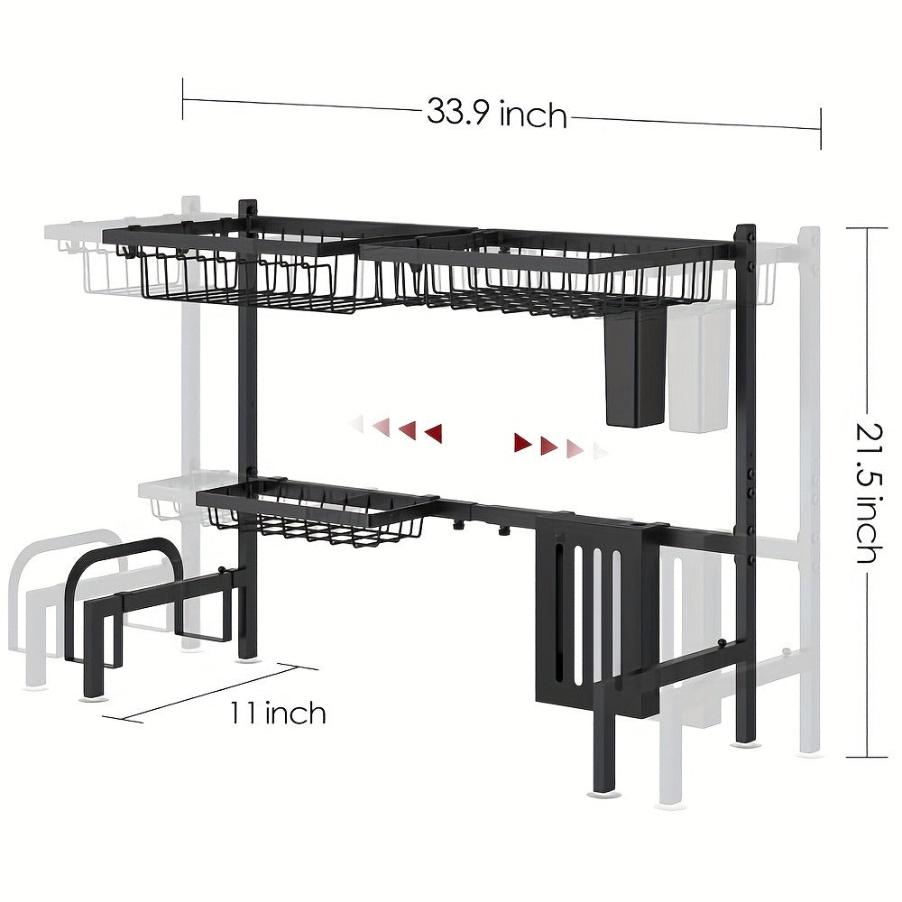 Over-Sink Dish Drying Rack Kitchen Organizer, 30-33.9-Inch Two-Tier Frame with Seven Removable Accessories