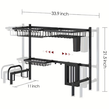 Over-Sink Dish Drying Rack Kitchen Organizer, 30-33.9-Inch Two-Tier Frame with Seven Removable Accessories