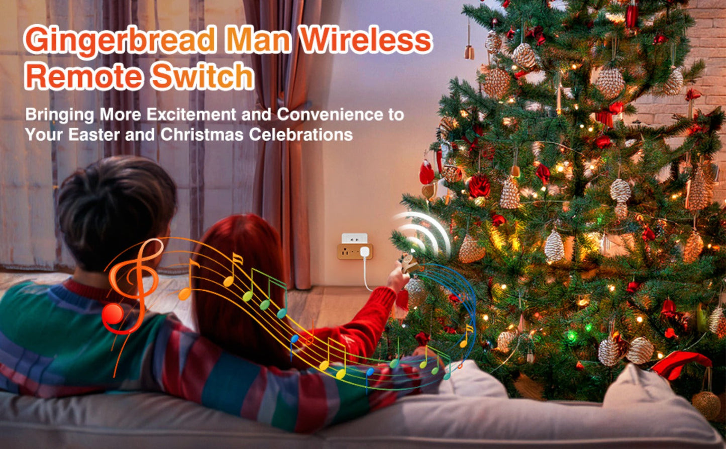 Christmas Tree Remote Control Socket with Built-in Music Function – Wireless 100-Foot Range Outlet Switch for Holiday Lights & Decorations, Gingerbread Design, Easy Plug-In Setup