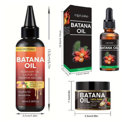 Batana Oil 3-Piece Hair Care Kit – Pure Cold-Pressed Honduras Batana Oil 3.38oz + Essential Oil 1.01oz + Hair Cream 120g, Scalp Repair, Anti-Breakage, All Hair Types