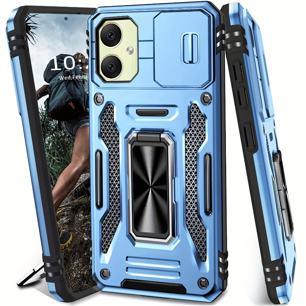 Samsung Galaxy Shockproof Magnetic Phone Case with 360° Rotating Ring Bracket & Sliding Lens Protector – Heavy Duty Cover for S24FE S23FE S22 S21FE Ultra A55 A54 A35 A34 A25 A24 A16 A15 A14 A06 A05 A05S 5G